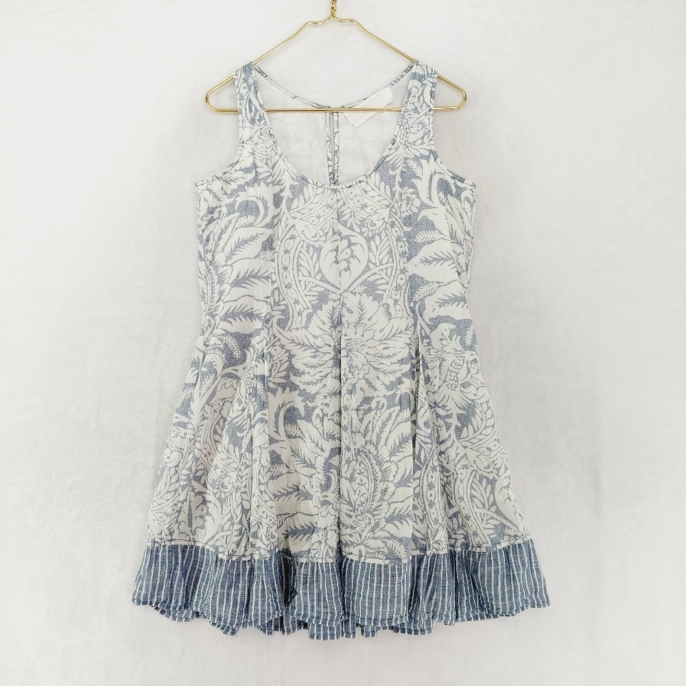 Cino Blue White Sleeveless Pleated Crew Neck Summer Dress